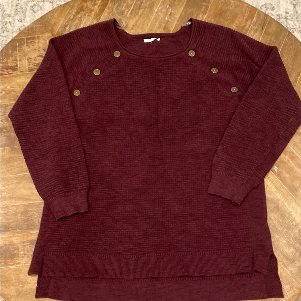 Maurices Burgundy Crew Neck Sweater with buttons and Ribbed Sleeves (Size: XL)